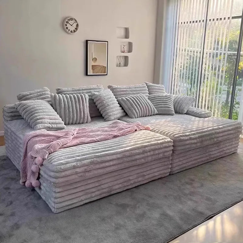 2025 New Vacuum Compression Shar Pei Dog Sofa Italian Minimalist Lazy Sofa Thick Striped Cloud Velvet Villa Large Sofa Bed