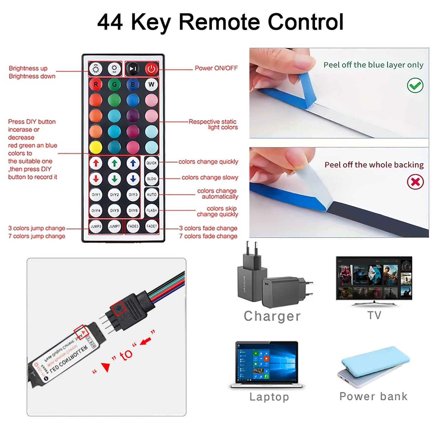 10M 20M Led Strip Lights with 44 Key Remote Control RGB Tape Led Wall Room for Home Bedroom Party Decor TV Backlight