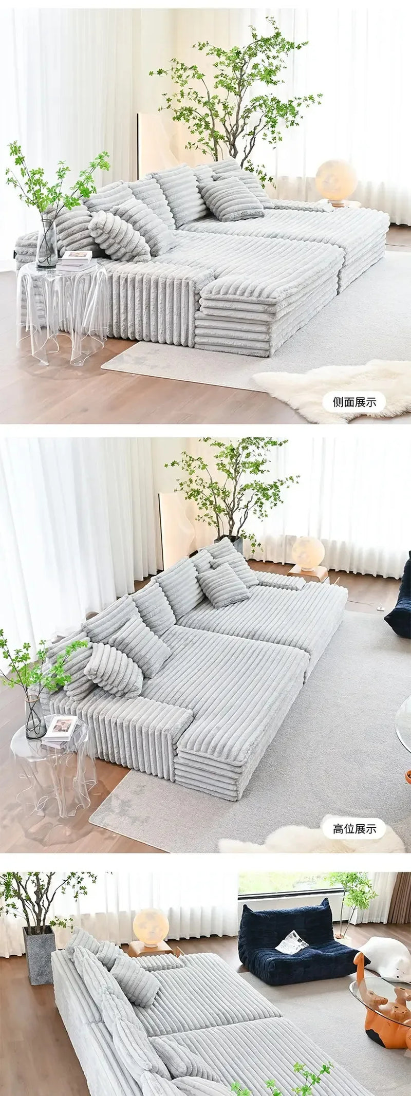 2025 New Vacuum Compression Shar Pei Dog Sofa Italian Minimalist Lazy Sofa Thick Striped Cloud Velvet Villa Large Sofa Bed